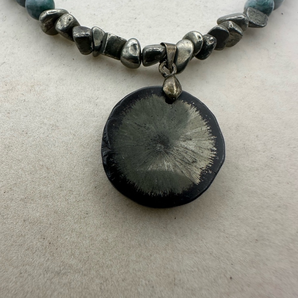 Pyrite and Jade Beaded Necklace with Pyrite Sun Pendant - Picture 8 of 12